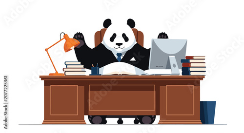Professional giant panda character wearing a business suit and sitting at a large wooden desk with a computer.