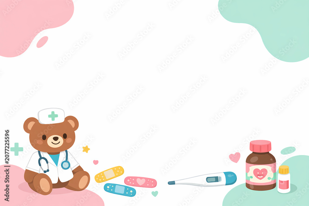 Fototapeta premium Cute teddy bear doctor character with medical supplies and bandages