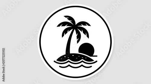 Tropical island getaway logo, palm tree and sunset