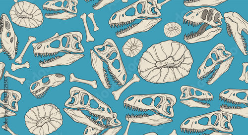 Detailed seamless pattern of various dinosaur skulls skeletons and fossilized bones on a bright blue background.