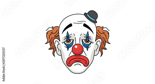 Sad clown face with a red nose and a small hat isolated on a plain white background for emotional expression and theater art.