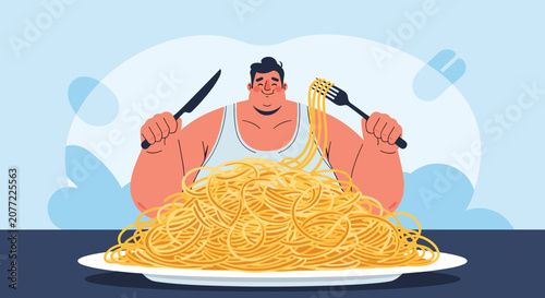 Large man enjoying a massive plate of spaghetti pasta with a fork and knife in his hands with a happy smile and tank top.