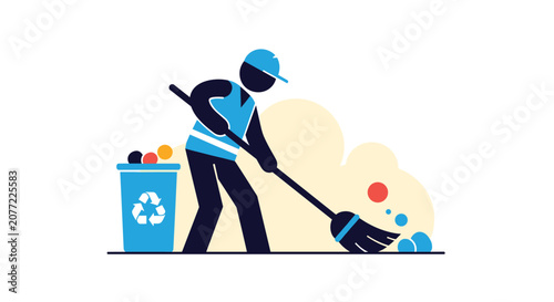 Sanitation worker sweeping trash into a recycling bin to maintain cleanliness and promote environmental care in public spaces.