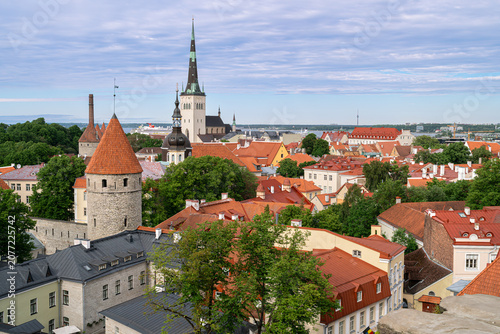Historic skyline aerial panorama of medieval UNESCO Tallinn Old Town from Toompea hill