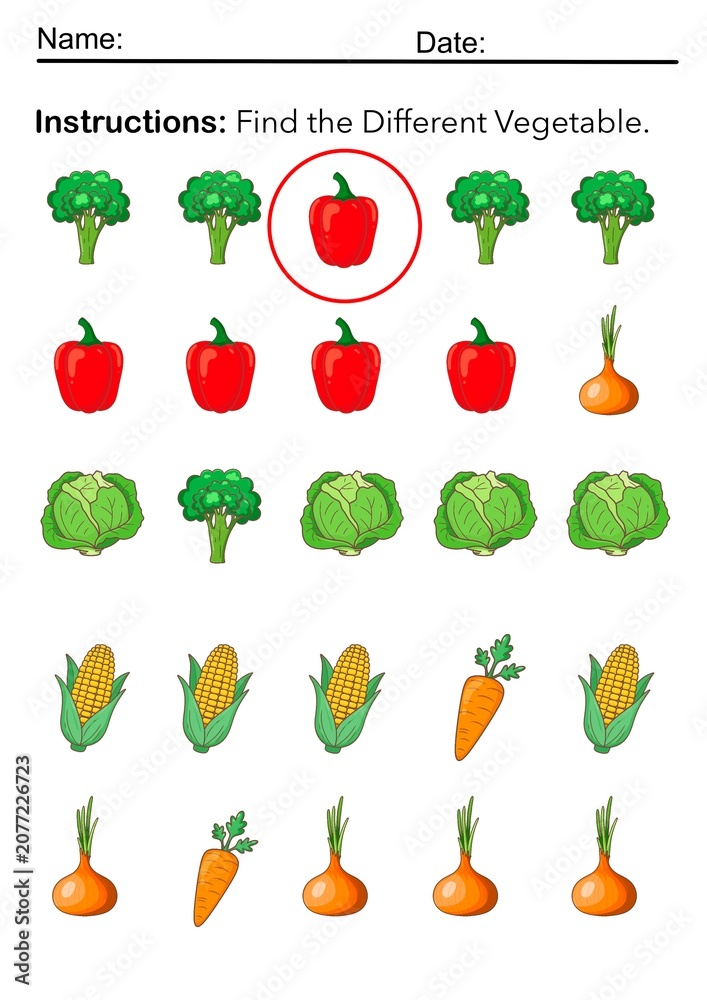 Fototapeta premium Find the Different Vegetable Worksheet for Kids Visual Discrimination Activity Printable