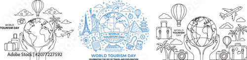 Fotografija World tourism day illustration set with globe and travel elements in linear style for international holiday celebration