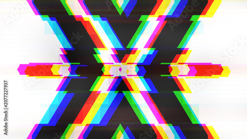 Foto Geometric RGB split glitch with chromatic aberration and horizontal scanline distortion on white background