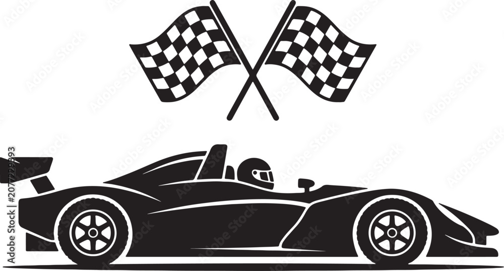 Obraz premium Black and white of a race car with a driver in a helmet, positioned below two crossed checkered racing flags on a white background, also transparent background