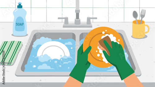 Bild auf Leinwand Washing Dishes in Kitchen Sink with Soap Foam Sponge and Protective Rubber Glove