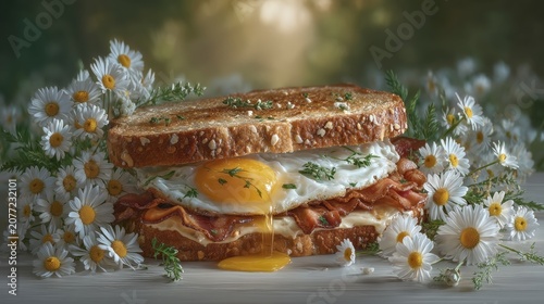 Gourmet bacon and egg sandwich with melted cheese and fresh herbs surrounded by daisies