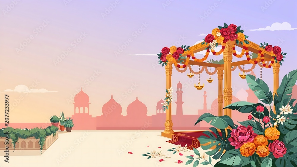 Fototapeta premium Traditional Indian Floral Wedding Mandap with Temple Silhouette Background, Sunset Gradient and Elegant Decorative Vector Illustration