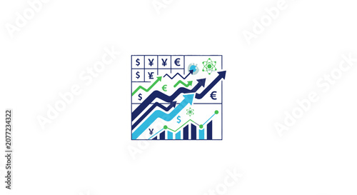 Financial grid with currency symbols and rising green arrows.