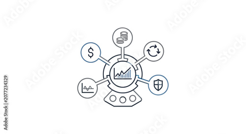 Financial ecosystem icon with various data nodes.