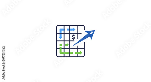Financial grid icon with dollars and rising arrow.