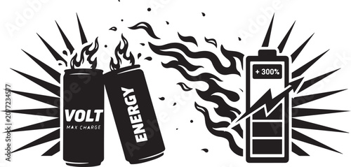 Obraz na plátně Energy drink cans and a battery illustration with a fiery design