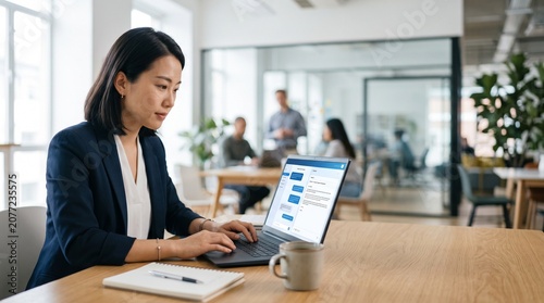Young businesswoman using AI writing assistant to compose professional business email in modern office
