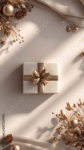 Elegant wrapped gift surrounded by decorative elements on a soft surface