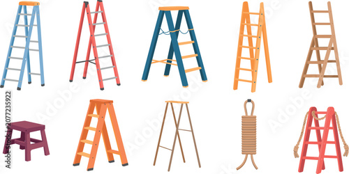 Ladder vector illustration collection featuring various wooden metal step ladders rope climbs 