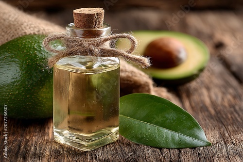 Natural avocado oil in small glass bottle with cork stopper, fresh avocado and leaves on rustic wooden table