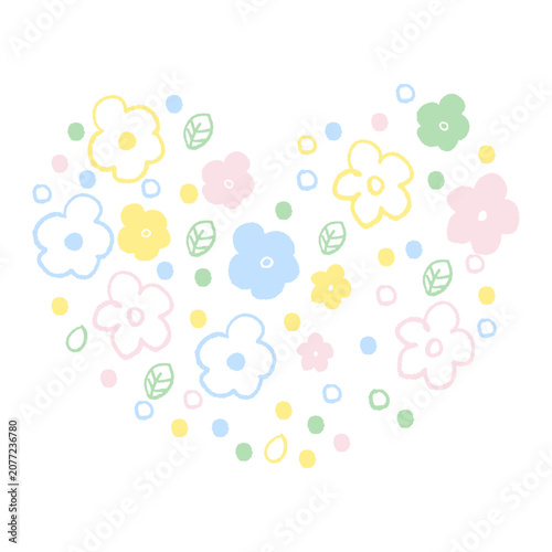 ハート型に並んだ優しい色合いの手描きの花と葉っぱのイラスト