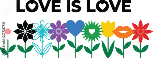 Foto Love is Love LGBTQ Pride Quote with Rainbow Flag Colored Geometric Flowers and H