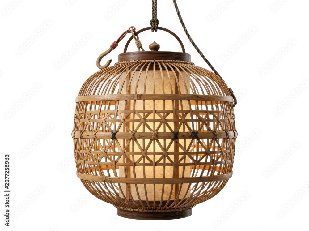 Obraz premium Decorative bamboo lantern hanging with intricate woven wood pattern for home decor