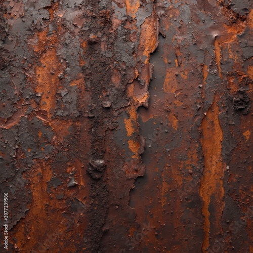 Corroded steel panel with dark reddish rust, peeling layers, highly textured industrial surface showing natural decay Generative AI