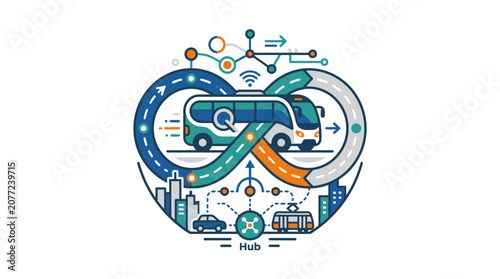 Infinity loop city transport hub with bus and cars.