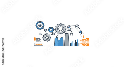 Industrial skyline with gears and robotic arm automation.