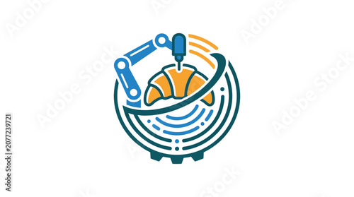 Industrial robotic arm preparing food or bakery product icon.