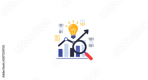 Innovation data analysis icon with lightbulb and charts.