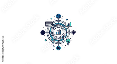 Innovative technology data hub with lightbulb and charts.