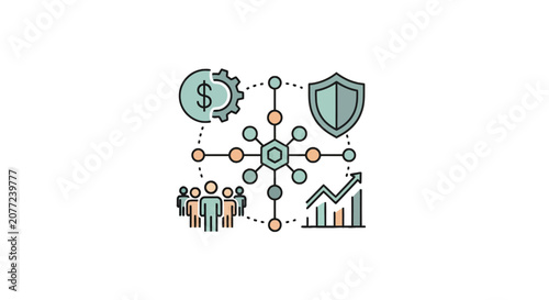 Integrated business network icon with shield and people.