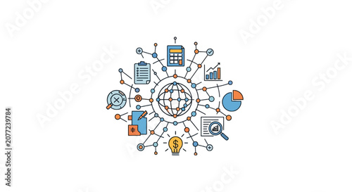 Integrated business network ecosystem with diverse professional icons.