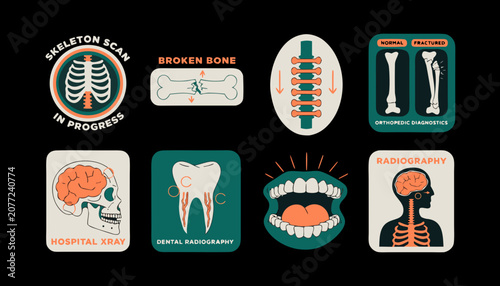 Foto Medical vector illustrations set with human body parts, bones, teeth, and radiography symbols