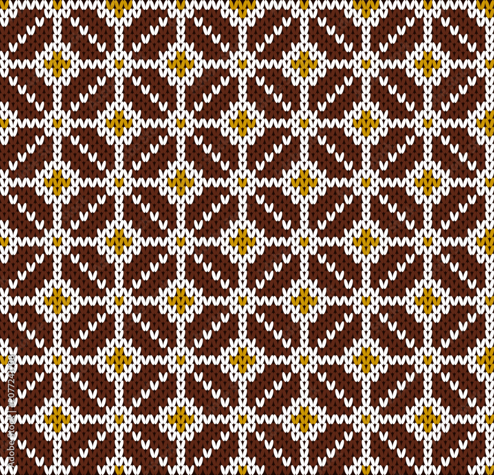 Fototapeta premium Seamless Nordic Knitting Pattern with Brown and Mustard Geometric Flowers