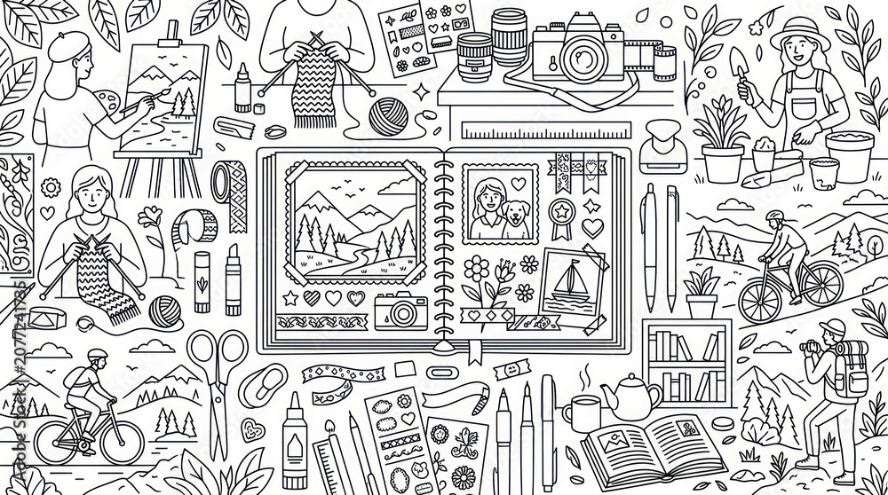 Obraz premium A black and white illustration of various travel related objects and icons.
