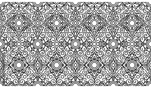 Black and White Intricate Filigree Seamless Pattern Background with Line Art Swirls and Diamond Geometric Tile Motifs for Coloring Book, Wallpapers, and Luxury Textiles