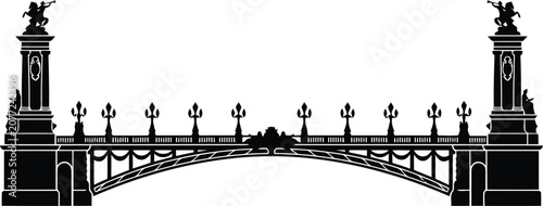 Obraz na płótnie Ornate black silhouette of historic bridge gate with decorative wrought iron pil