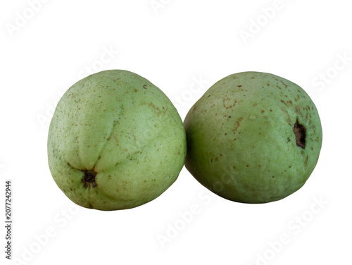 Two whole fresh green raw guavas isolated on white background