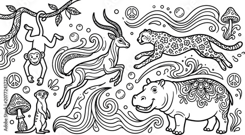 Photography Psychedelic safari wild animals doodle art illustration set in black line outlin