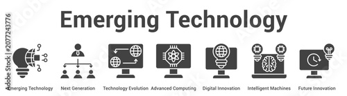 Emerging Technology web banner icon vector illustration concept for business with icon of Emerging Technology, Next Generation, Technology Evolution, Advanced Computing, Digital Innovation,.