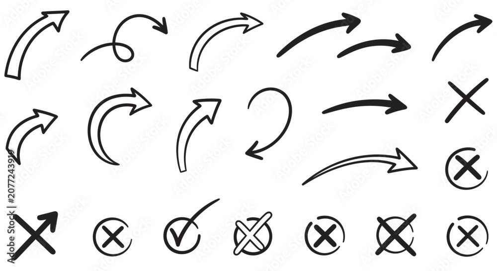 Fototapeta premium Hand drawn Arrows And Cross Marks Black Line Vector Illustration On White Background