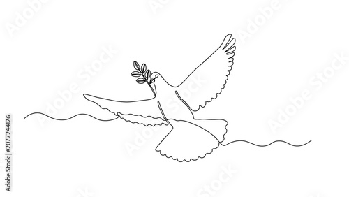 Continuous line drawing of a dove in flight carrying an olive branch, symbol of peace and hope, minimalist one line art on white background