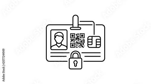 Minimalist line art icon of a secure digital identification card with a chip and QR code.