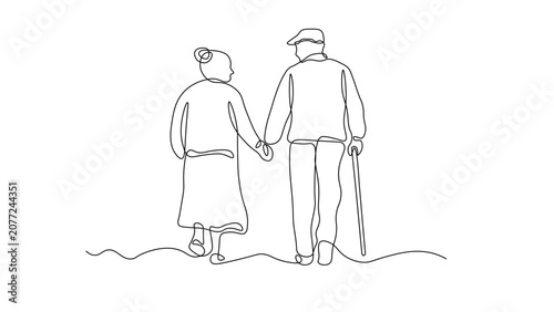 Continuous line drawing of an elderly couple walking away holding hands, the man uses a cane. Minimalist sketch, aging gracefully, lifelong companionship, retirement lifestyle, enduring love