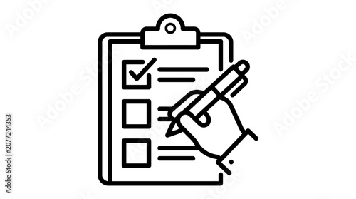 A simple black and white line icon of a hand holding a pen marking a checklist on a clipboard.
