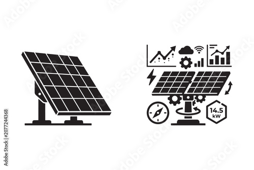 Solar tracking system icons featuring energy production data analytics and rotation monitoring for renewable plants