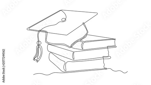 Foto Continuous line drawing of a graduation cap with tassel is lying on a stack of books, minimalist academic achievement illustration, education and commencement conceptlying on a stack of books
