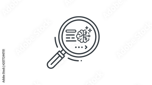 Magnifying glass icon featuring a stylized brain representing artificial intelligence and data analysis concepts.